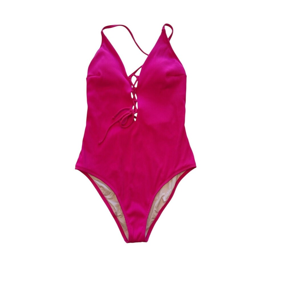 Cupshe Womens Swimsuit Size Large Pink Solid Lace Front Criss Cross Back Adjust